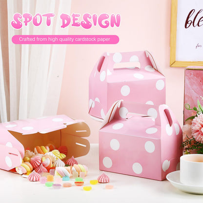 TecUnite 50 Pcs Pink Polka Dot Party Favors Boxes Large Treat Candy Gift Boxes with Handles 6.3 x 6.3 x 3.5 Inches for Birthday Halloween Christmas Party Supplies