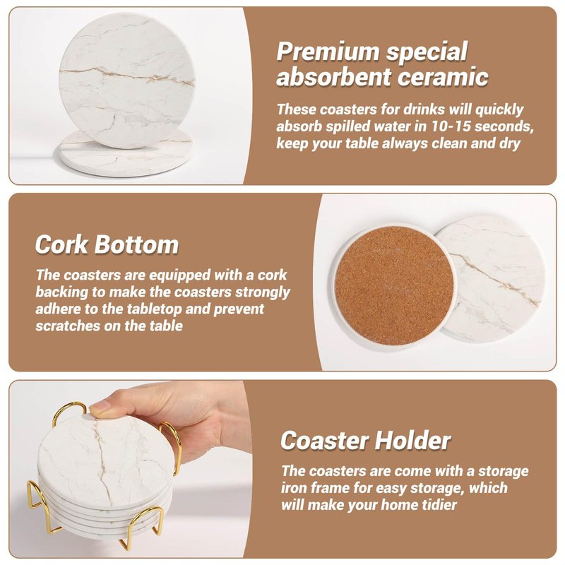 Acejoz Drink Coasters with Holder for Coffee Table, Absorbent Coasters Set of 6, Marble Style Ceramic Coaster for Wooden Table, Suitable for Kinds of Cups, Home Decor, 4 Inches(White)
