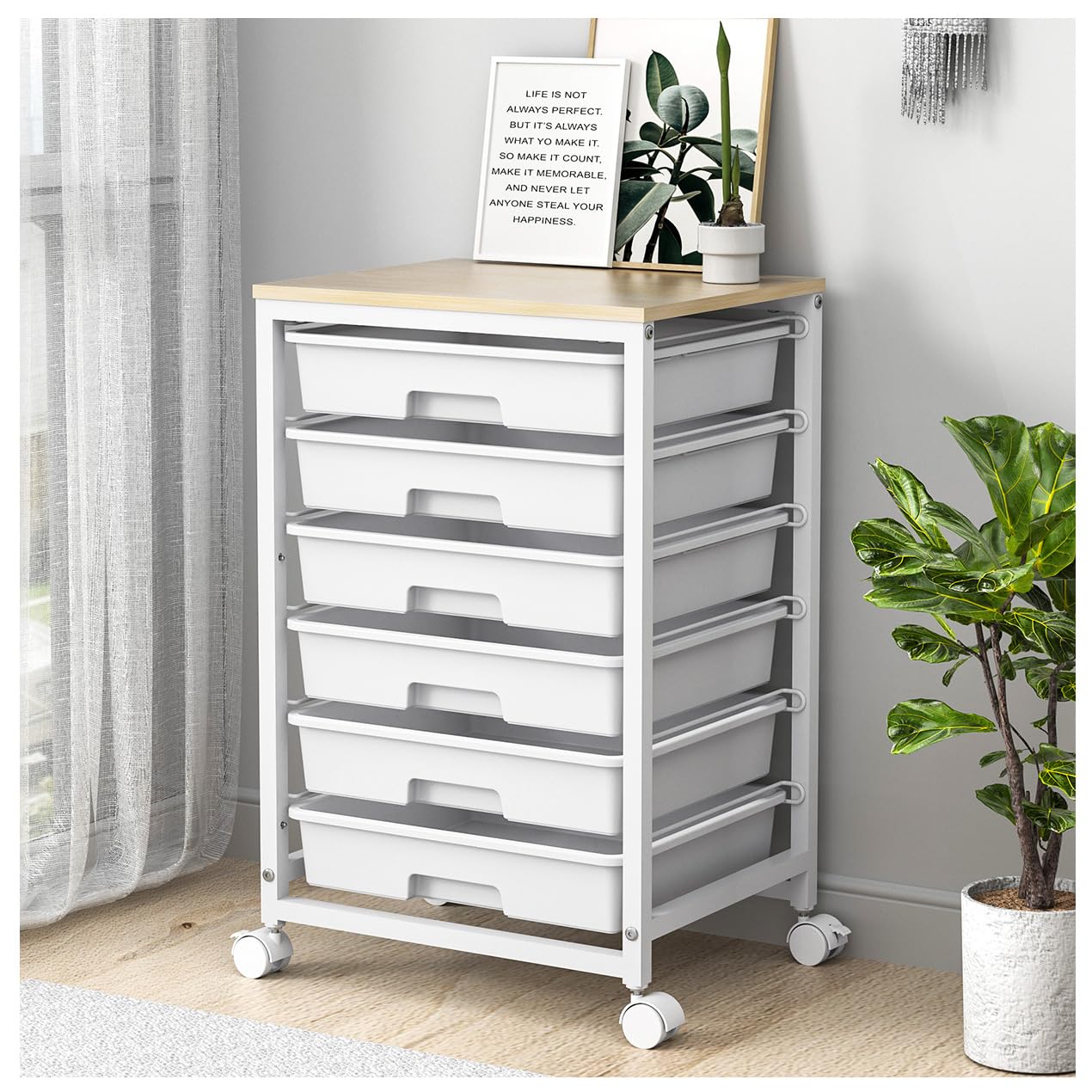 SYKIARIOL Rolling Cart with Drawers,Utility Cart with 6 Drawers,Rolling Storage Cart with Drawers and Wooden Tabletop & Lockable Wheel,White