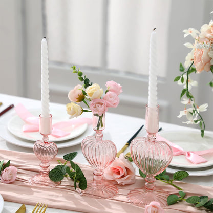 Maxdot 3 Pcs Valentine's Day Pink Glass Candle Holders Pink Heart Glass Taper Candle Holders Heart Candlestick Vase Decor for Valentines Wedding Receptions Festival Party Table Centerpieces Decoration