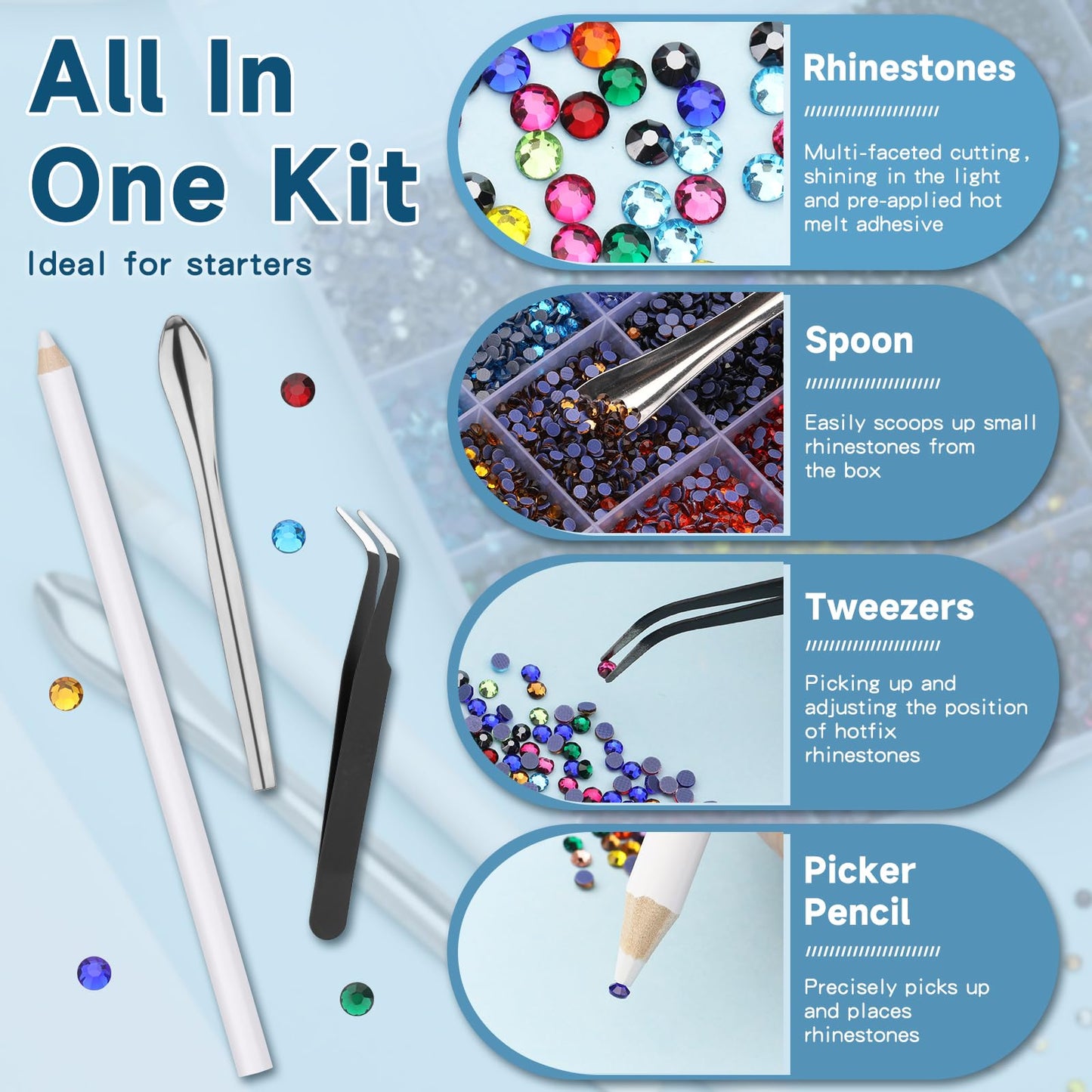 Mnuizu 14400Pcs SS10 Hotfix Rhinestones, 24 Colors Flat Back Round Hot Fix Rhinestones for Hairpin, Crafts Clothes, Bedazzler Kit with Tweezers, Wax Pencil and Spoon