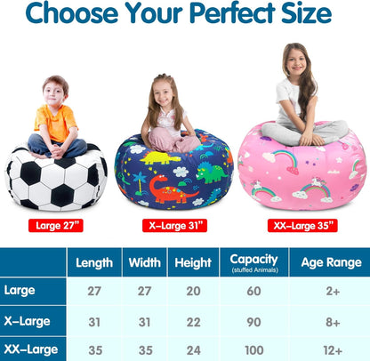 Lukeight Dinosaur Zipper Stuffed Animal Storage Bean Bag Chair Cover for Kids, Organizing Plush Toys (Dino Blue, Large)