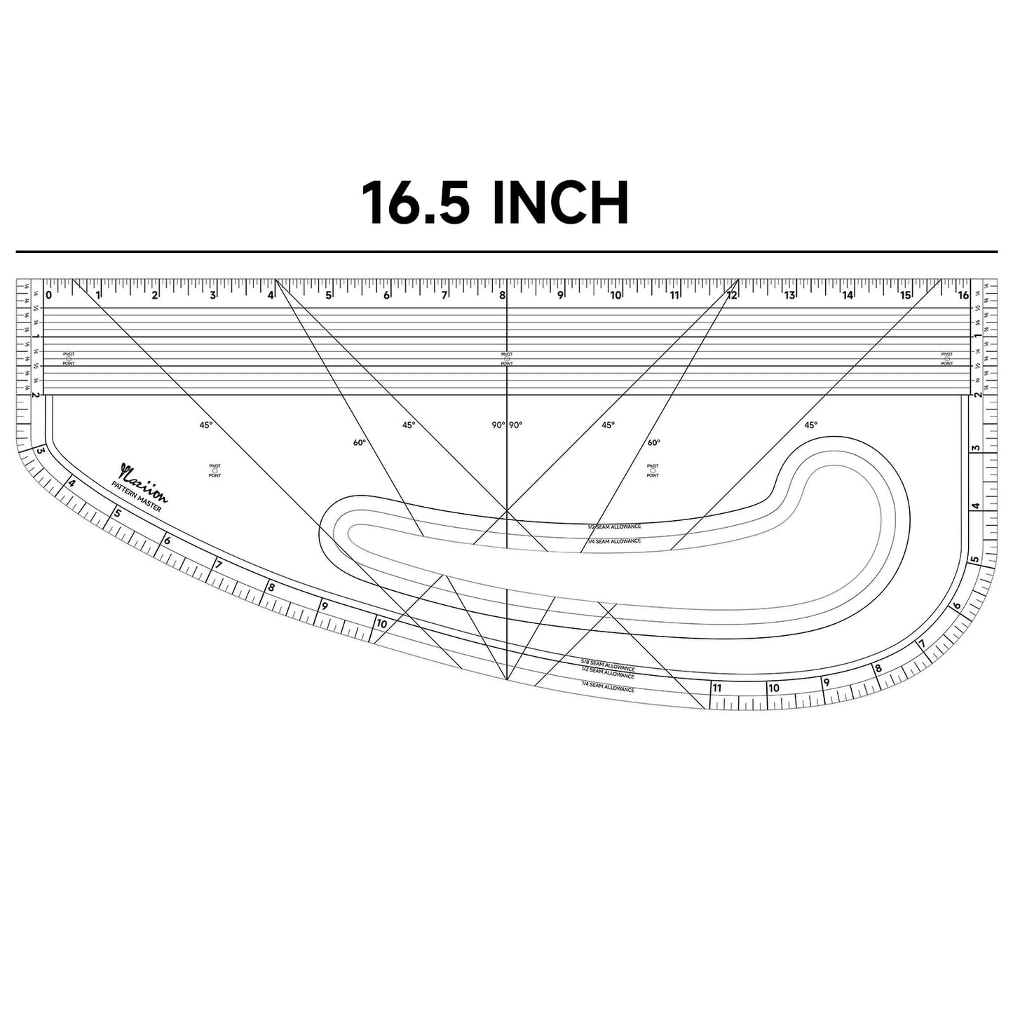 YLaziion 16" Imperial Acrylic Pattern Master Ruler, Clear 16THS Multi-Purpose French Curve Ruler, 45°& 60° Angle Lines, 3mm Non-Yellowing Hip Curve, Vary Form Curve Ruler for Sewing Pattern Making