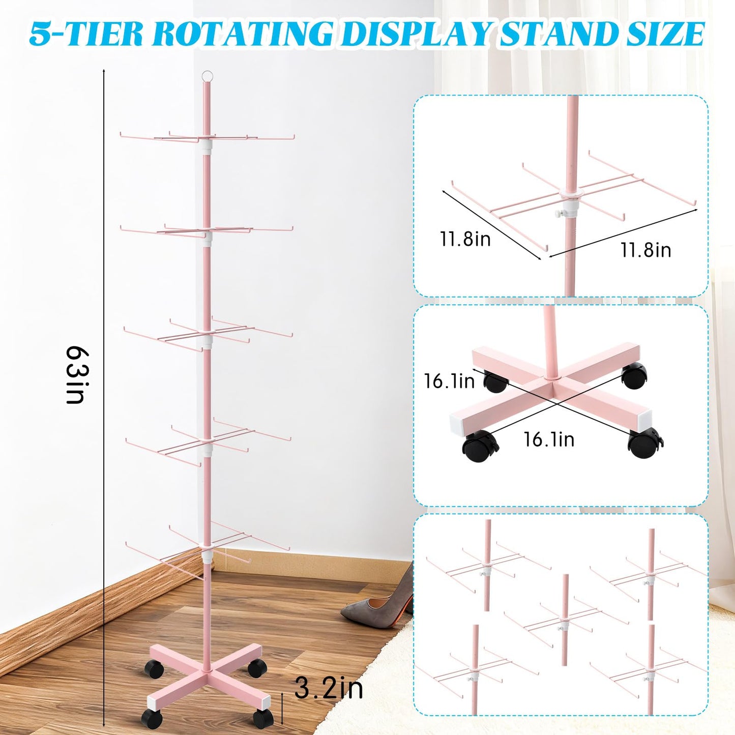 Ripeng 2 Pack 5-Tier Rotating Retail Display Stand, Adjustable Spinning Rack with Wheels for Jewelry Earrings Keychains Craft Shows Vendor Events, Pink