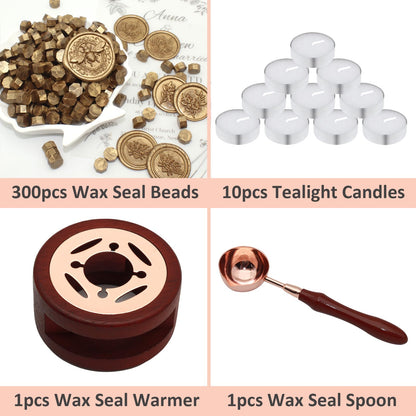 Andotopee Wax Seal Beads Kit - 300pcs Antique Gold Sealing Wax Beads with Wood Melting Warmer, Spoon & 10 Mini Candles for Stamp Seals, Wedding Invitation, Envelope, Cards, Gift Wrapping Decorations
