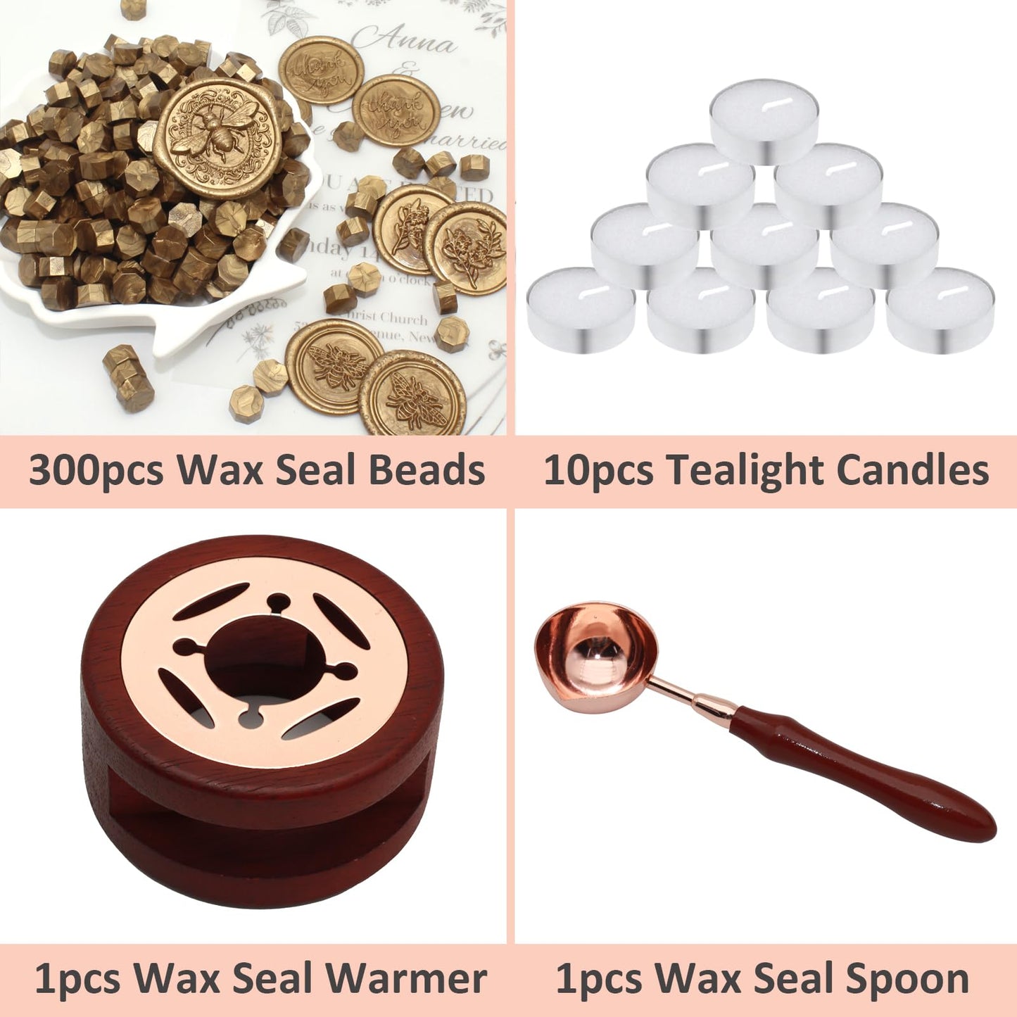 Andotopee Wax Seal Beads Kit - 300pcs Antique Gold Sealing Wax Beads with Wood Melting Warmer, Spoon & 10 Mini Candles for Stamp Seals, Wedding Invitation, Envelope, Cards, Gift Wrapping Decorations