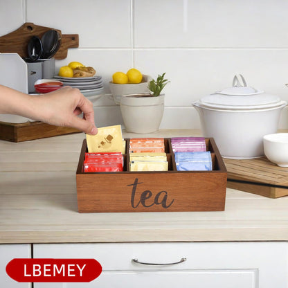 LBEMEY Tea Bag Organizer,Acacia Wood Tea Storage Containers with 6 Compartments, Sugar Packet Holder,Tea Bag Caddy Box for Cabinet Countertop Office (Brown-Labeled "Tea")