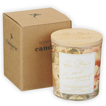 Christian Art Gifts Soy Wax Scented Candle: Joshua 1:9 Bible Verse, Eucalyptus Sandalwood Scent, Pure Essential Oils, 4.5 oz, Up to 20 Hours Burn Time, Glass Jar w/Bamboo Lid, Encouragement Gift