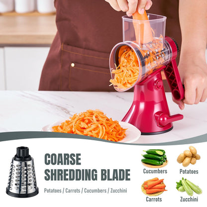 KYZ Rotary Cheese Grater - 12X Faster Hand Crank Vegetable Slicer with 3 Premium Stainless Steel Blades, Strong Suction Base, Dishwasher Safe Food Shredder for Cheese, Vegetables, Nuts, Chocolate