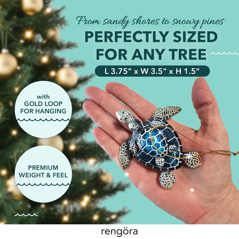 Hand-Painted Beach Christmas Ornament – Coastal Tree Decoration for Ocean Lovers – Unique Nautical Ornament for Christmas Tree or Stocking Stuffer Gift (Blue Sea Turtle Mother and Baby)
