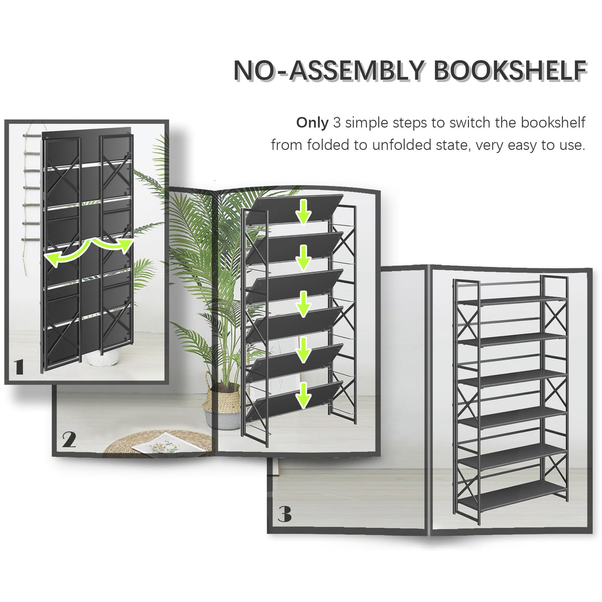 4NM Extra Wide 6 Tiers No Assembly Book Shelves, 61.8" H Folding Bookshelf Bookcase Open Industrial Foldable Shelves for Bedroom, Living Room, Home Office - All Black