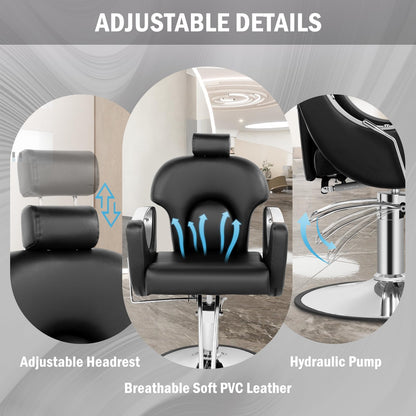 Tythical Reclining Salon Chair for Hair Stylist, Heavy Duty Hair Barber Chair with Adjustable Headrest, 360 Degree Swivel Beauty Spa Equipment Max Load 440Lbs, Black Silver
