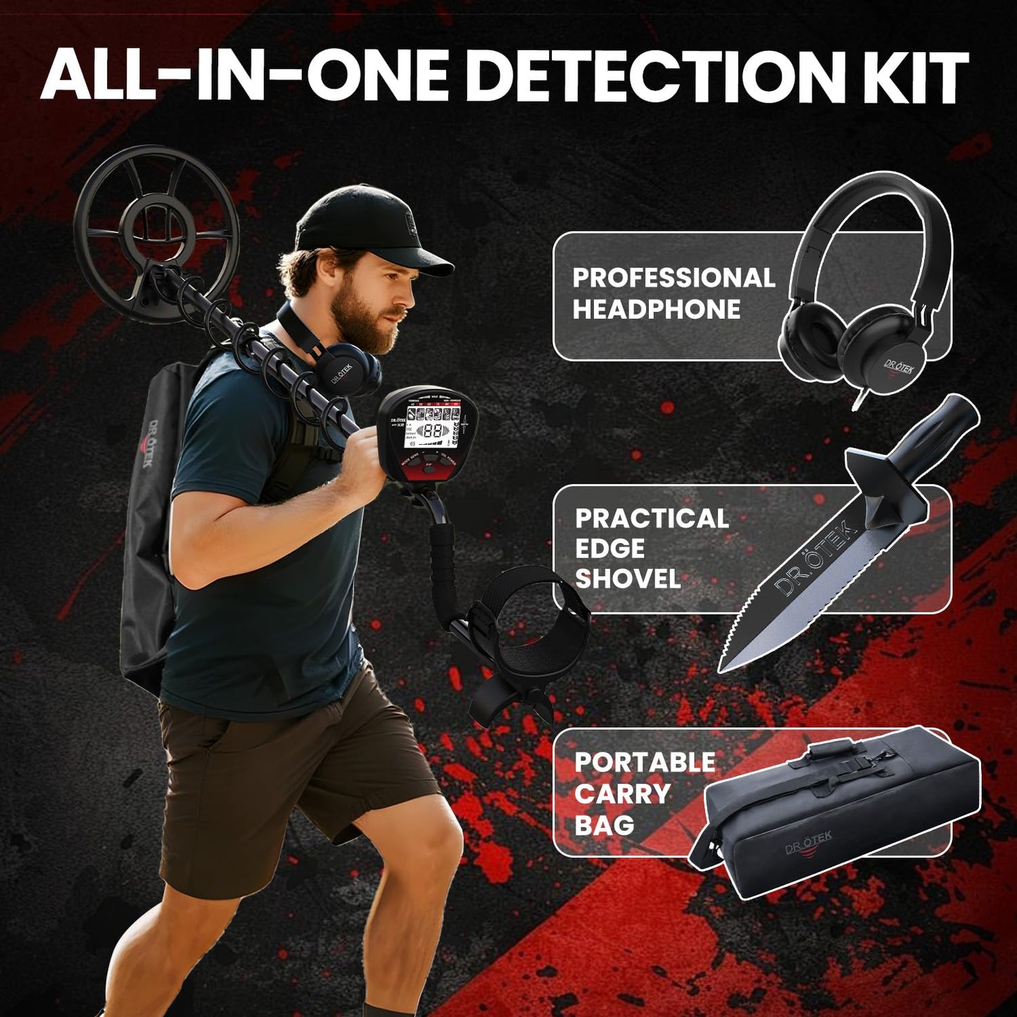 DR.ÖTEK Metal Detector for Adults Waterproof, Professional Gold Detector Kit with High Accuracy, 10" IP68 Coil, Backlight LCD Display, 5 Modes, Advanced DSP Chip for Treasure Hunting, MTXR-Red