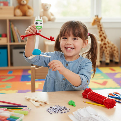 100 Set Fork Creativity Set, Air Dry Clay Plastic Sporks Red Pipe Cleaners Clever Eyes Popsicle Stick,Make Your own Forky