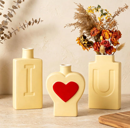 Ceramic Vase Set of 3, I Love U Matte Ceramic Vases for Home Decor, Romantic Decorative Flower Vases for Shelf, Bedroom, Coffee Table, Wedding Yellow Heart