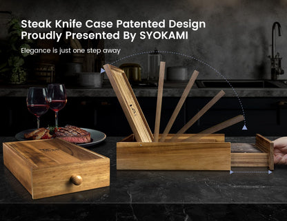 SYOKAMI Steak Knives Set of 6 with Drawer Organizer, 4.8 Inch High Carbon Japanese Style Non Serrated Meat Knife with Wood Handle, Damascus Pattern Full Tang Design, Razor-Sharp Dinner Knives