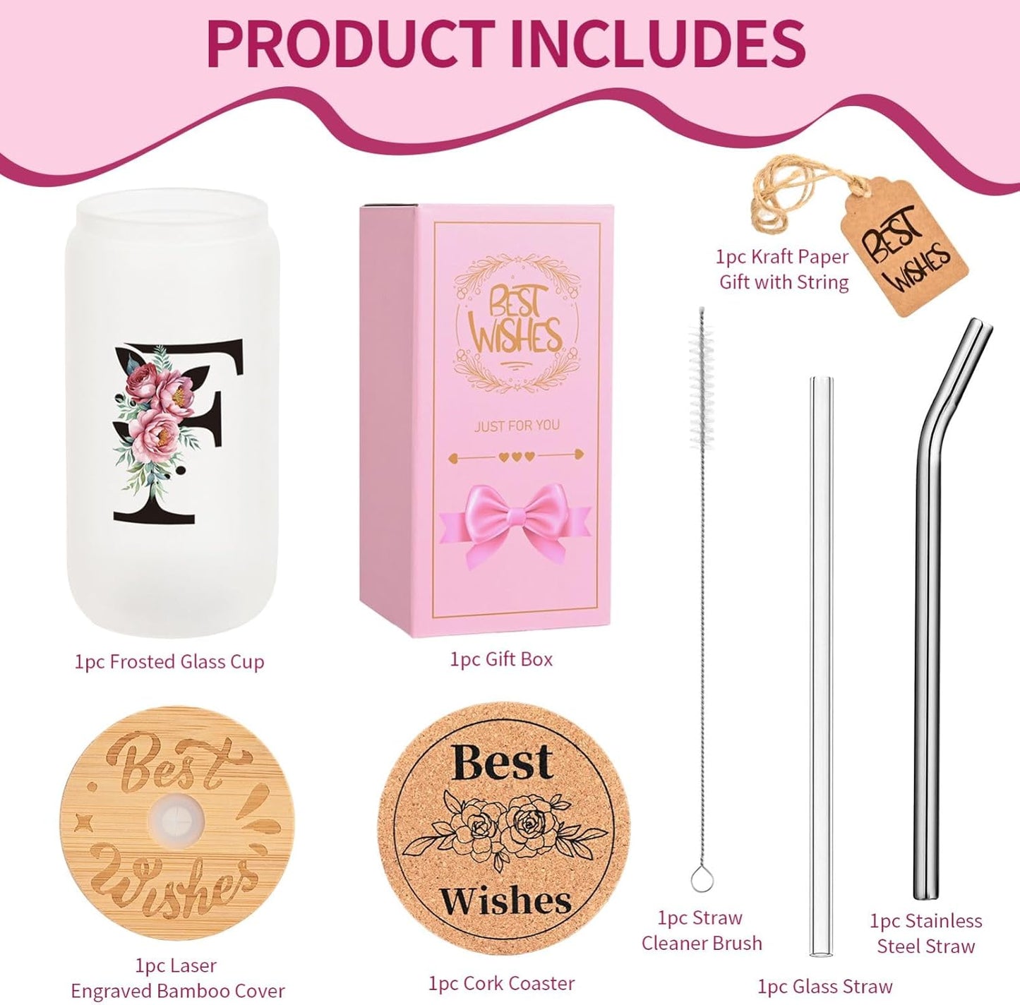 16oz Monogrammed Set, Personalized Initial Glass Cup for Women, Glass Cup with Lids and Straws, Gift Frosted Reusable