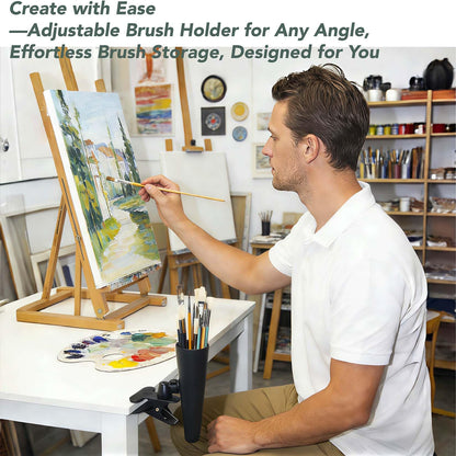 14 Paint Brushes Set with Brush Holder, Includes Hog Bristle & Weasel Hair Brushes for Oil, Acrylic, and Watercolor, Rotating Metal Clamp Convenient Storage and Positioning During Painting