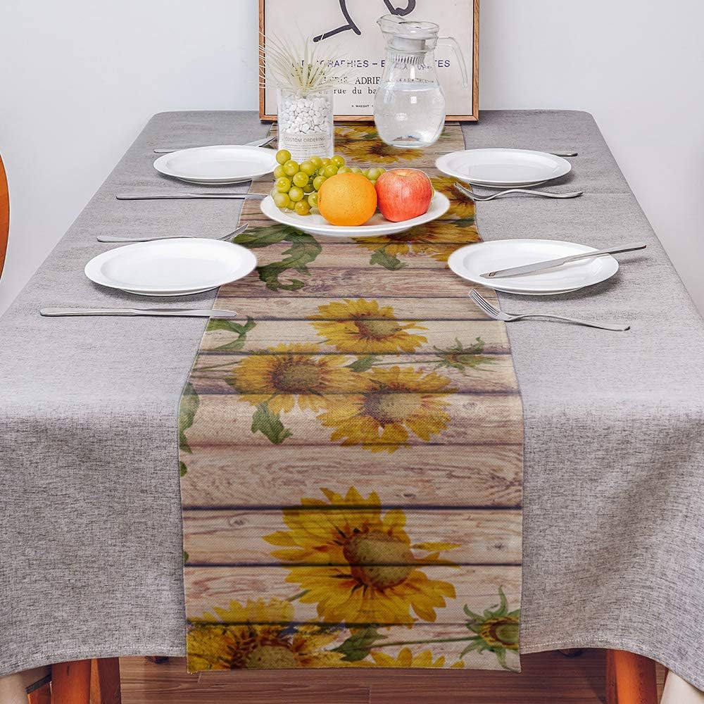 Sunflowers Rustic Table Runner - Cotton Linen Long 90 inch Dresser Scarves, Farmhouse Tablerunner for Kitchen, Coffee,