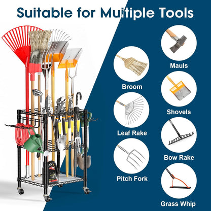 **T1 Garden Tool Organizer - Heavy Duty Freestanding Storage with Lockable Wheels | Holds Up to 50 Tools, Black**