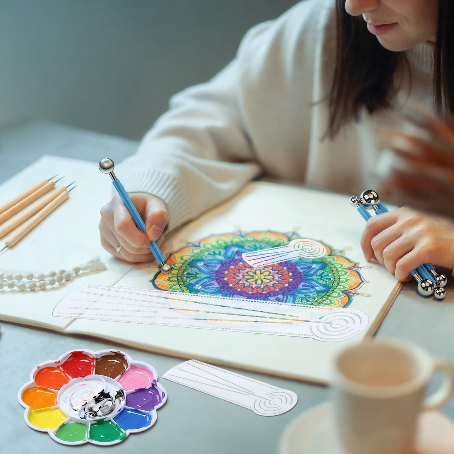 FunooFuno 17 Pcs Mandala Dot Painting Tool Kit 3-in-1 Mandala Ruler with Holes 3 Thumb Tacks 10 Ball Stylus Flower Paint Palette for DIY Rock Painting Clay Modeling Drawing and Drafting