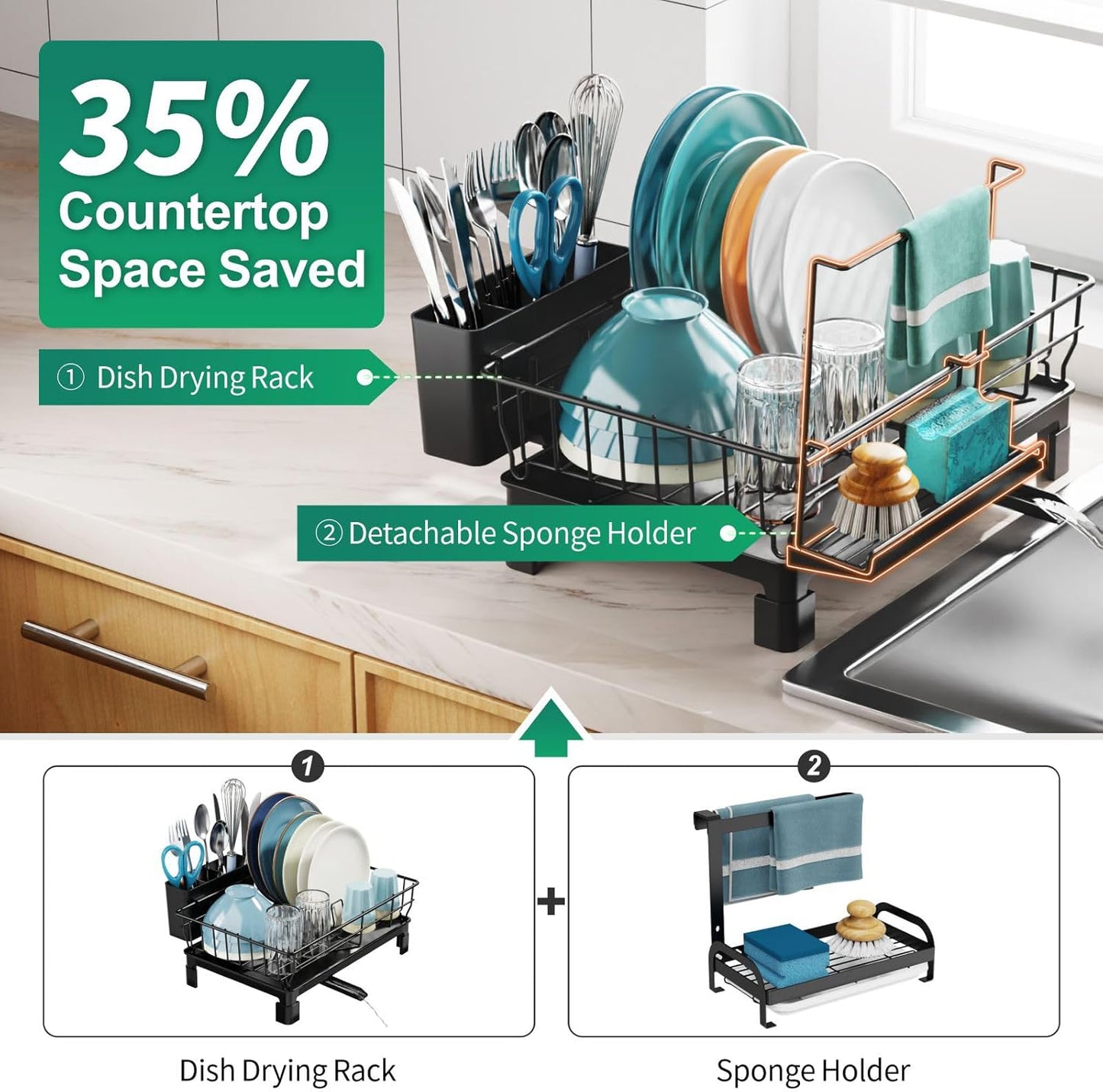 Counter GSlife Small Dish Drying Rack for Kitchen with Sponge Holder - Compact Dish Drainer for RV, Camper