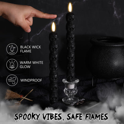 Eywamage Halloween Flameless Taper Candles with Remote, Spooky Black Skull LED Candlesticks Battery Operated Flickering Real Wax Set of 4