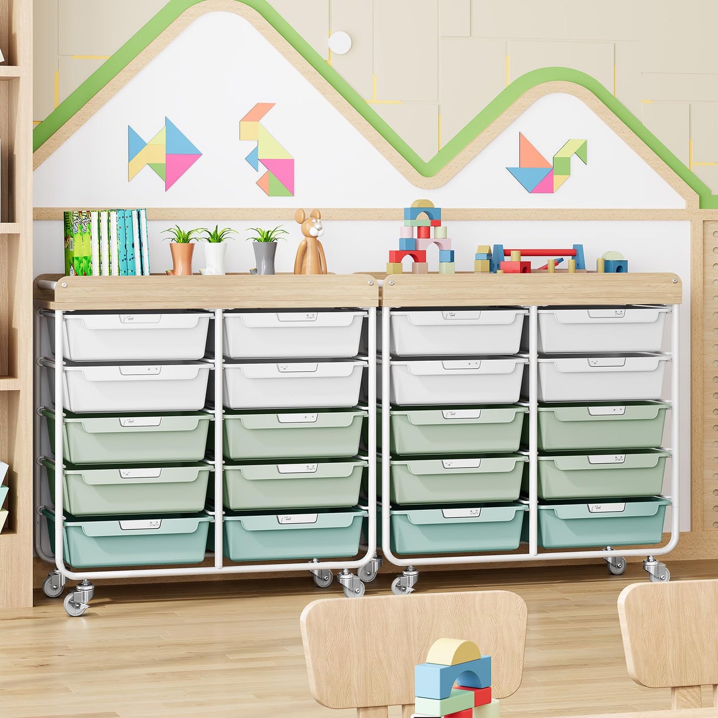 10-Drawer Rolling Cart, Art Cart with Wood Top & Side Handle, Multi-Purpose Craft Organizers and Storage with Lockable Wheels for Classroom, Dormitory, Craft Room and Art Supplies Organization(Green)