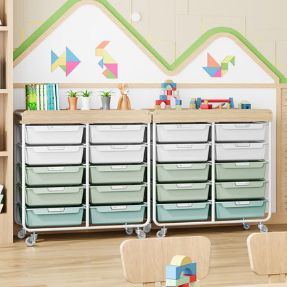 10-Drawer Rolling Cart, Art Cart with Wood Top & Side Handle, Multi-Purpose Craft Organizers and Storage with Lockable Wheels for Classroom, Dormitory, Craft Room and Art Supplies Organization(Green)