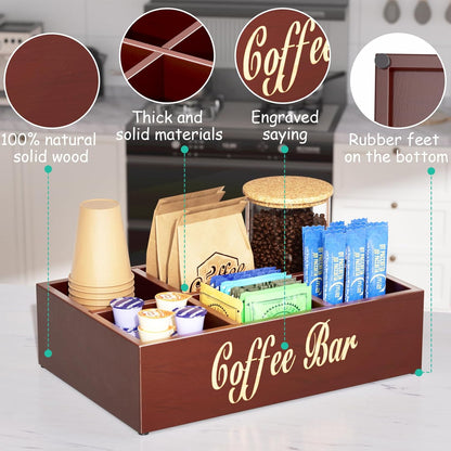 Coffee Station Organizer for Countertop - Wooden Coffee Bar with Removable Dividers, Farmhouse Coffee Pod Holder Basket