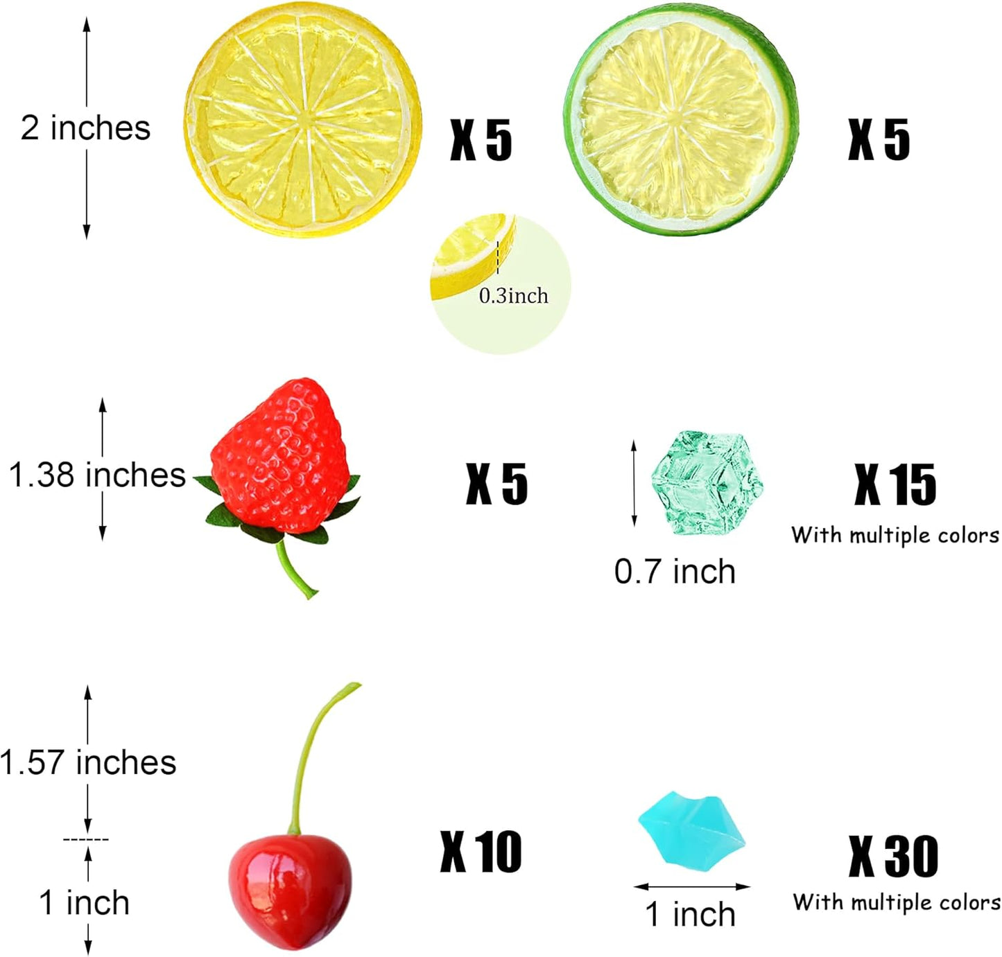 Chewarelly 70 Set, 10 10 5 45 2 Pcs Fake Fruits Ice Cube Include Artificial Lemon Slice Simulation Cherries Fake