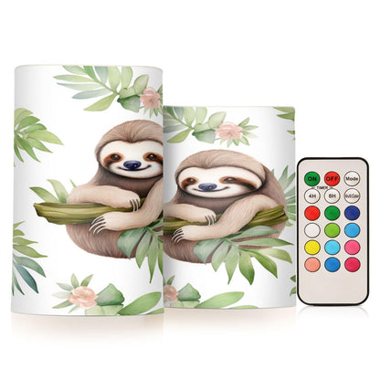 GUIJI Leaf and Sloth Flameless Candles, Flameless Candles with Remote Set of 2, Flameless Candles Battery Operated, Pillar Candles Home Decoration, Christmas, Party, E08D23009