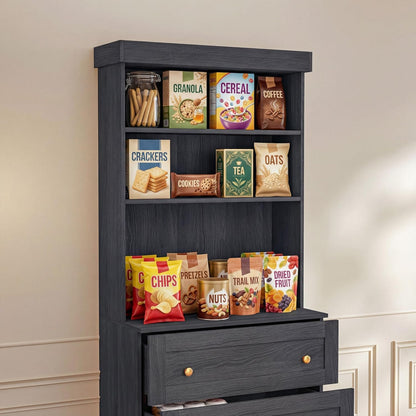 71" Black Farmhouse Kitchen Pantry Cabinet Set of 4— Freestanding Coffee Bar with Glass Doors or Drawers, Microwave Stand, Large Storage Hutch with Adjustable Shelves for Kitchen, Living Room