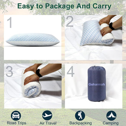 Gehannah Travel Pillow - Large 1 Pack Compressible Camping Pillow for Sleeping - Shredded Memory Foam with 2 Storage Bags - Supportive for Adults, Kids, Outdoor, Backpacking, Hiking Gear