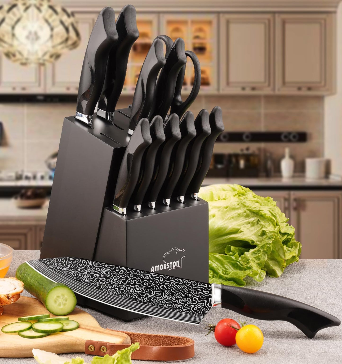 Knife Set, 15 Pieces Kitchen Knife Set with Built in Sharpener, High Carbon German Stainless Steel Knife Block Set, Dishwasher Safe, Mothers Day Gifts