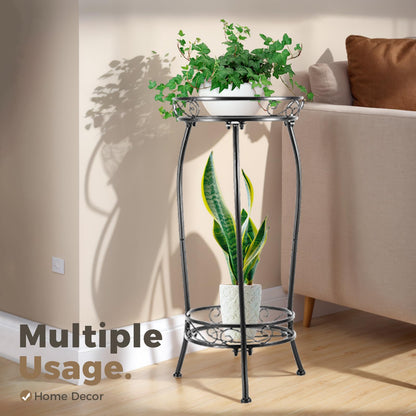 Kavlium Plant Stand Indoor Outdoor，Tall Black Metal Rustproof Stable Plant Stands，2 Tier 27.1 inch Multiple Plant Rack Holder Rack Flower Pot Stand Heavy Duty Plant Shelf
