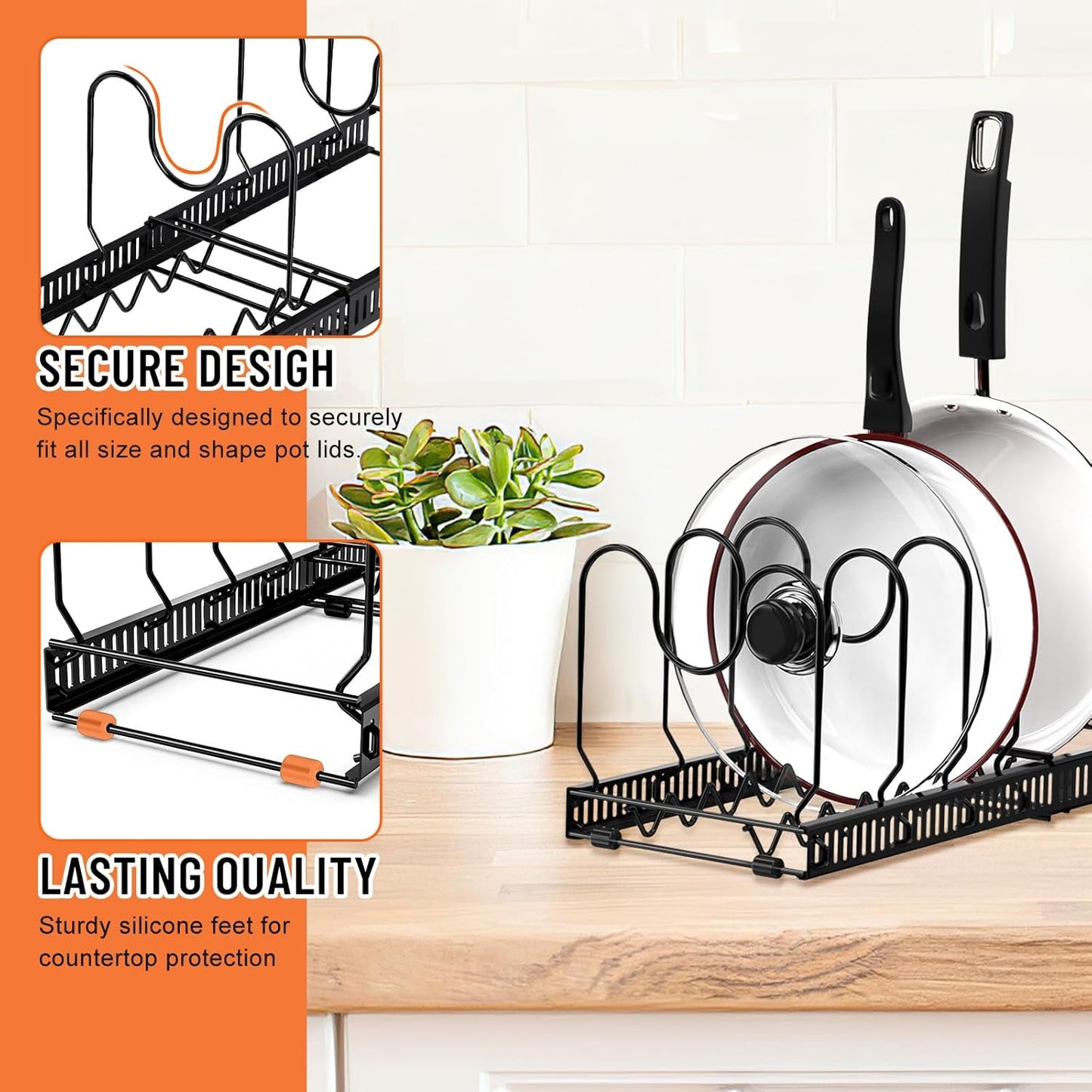 AHNR Expandable Pot and Pan Organizer Rack, 10+ Pots and Pans Lid Holder, Kitchen Cabinet Bakeware Organizer with 10