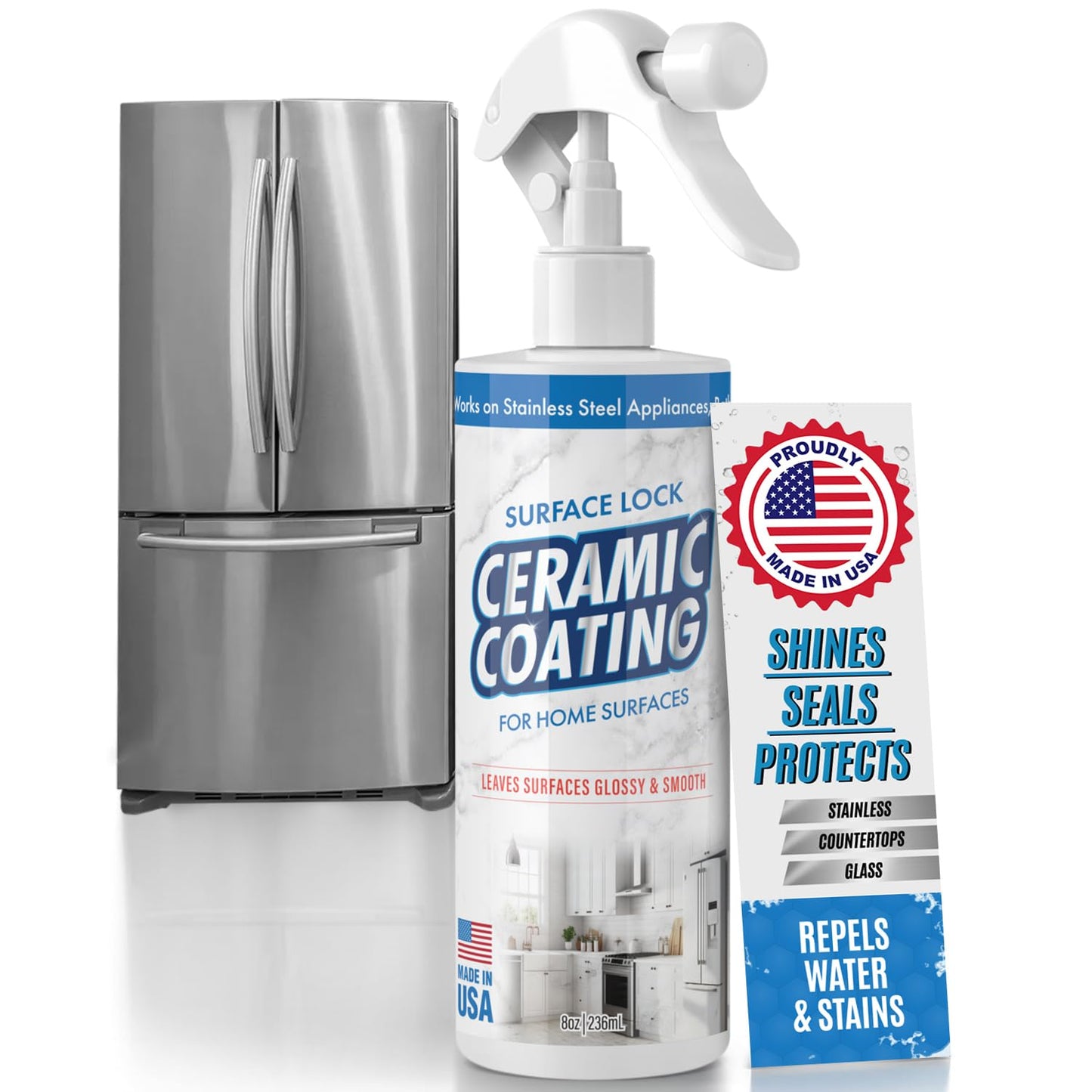 Surface Lock Home Ceramic Coating for Stainless Steel - Prevents Fingerprints on Appliances, Countertops and Any Hard Surface In Your Life - Made in the USA Spray - 8 fl oz - Proof It Works to Seal