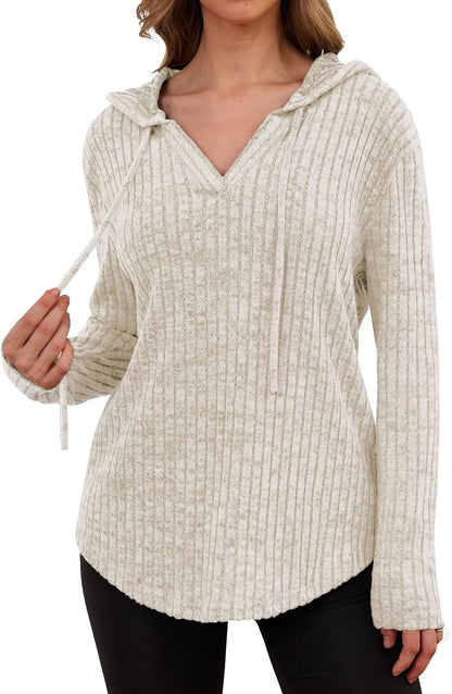 Lylinan Womens Cozy Knit Sweaters Hoodies Ribbed V Neck Pullover Sweatshirts for Fall Outfits S-XXL