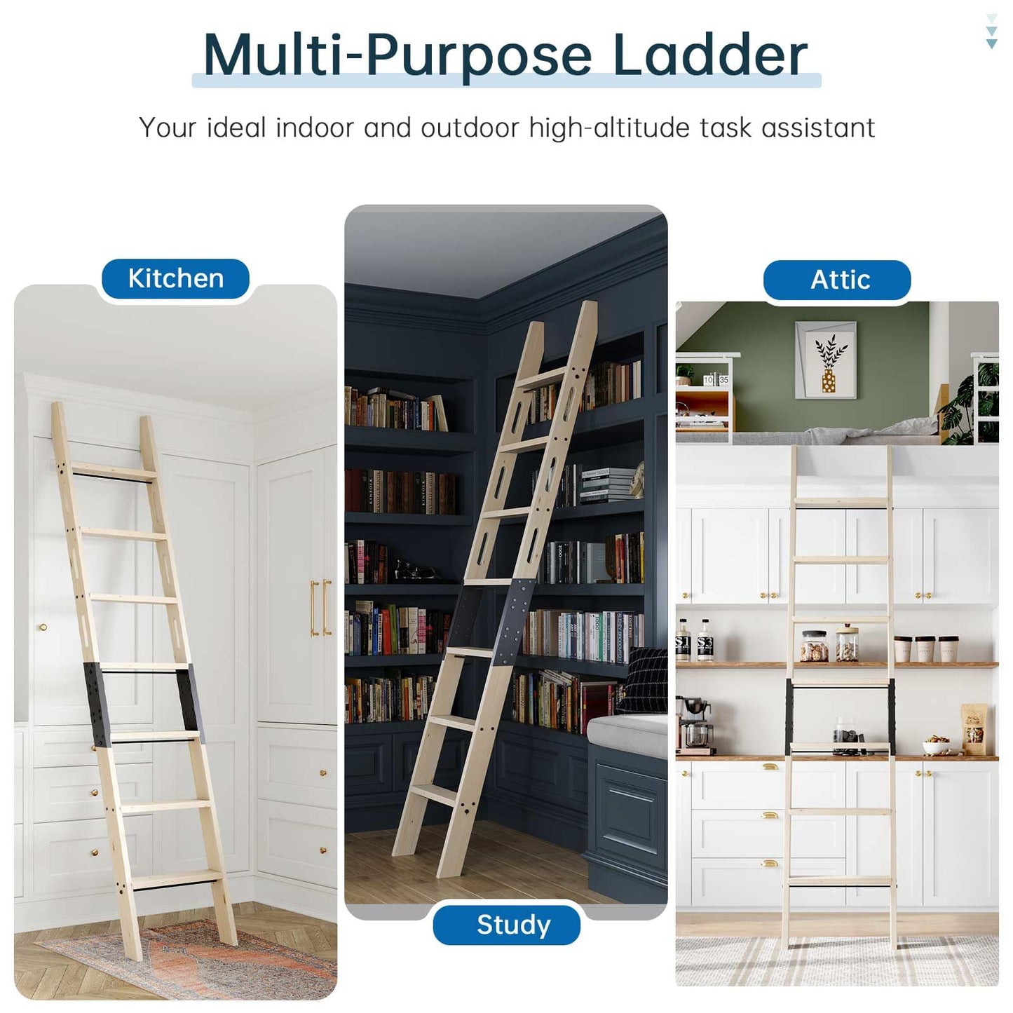 CEAKIAN Rolling Library Ladder 8ft,450lbs Capacity,7 Steps with Build-in Handrail,Solid Wood,Easy Assembly for Loft Bookshelf Kitchen Attic Outdoors,DIY Stain (No Sliding Hardware)