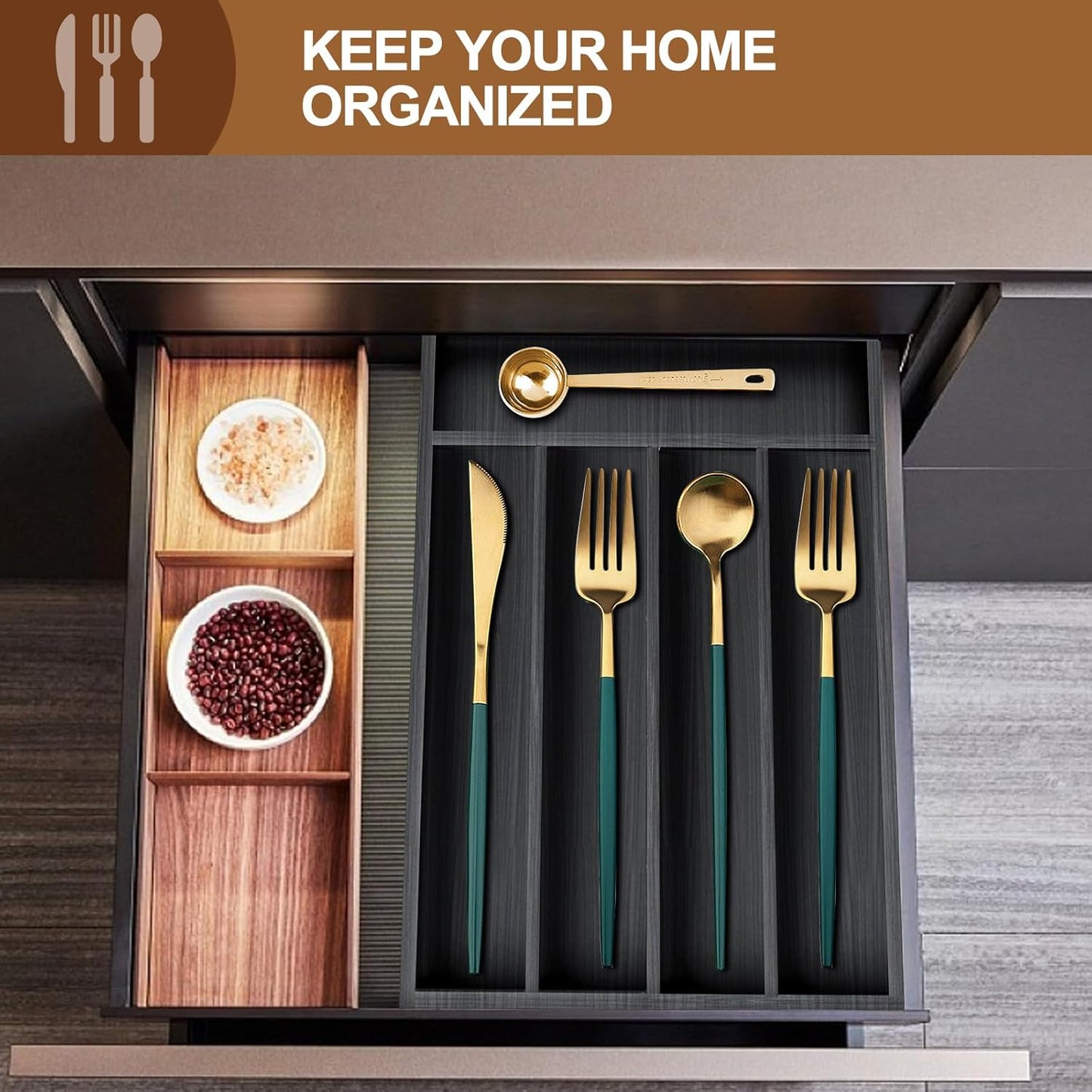 Ayiaren Small Wooden Silverware Organizer, Narrow Kitchen Utensil Drawer Insert for Spoon and Forks (Black Wood)
