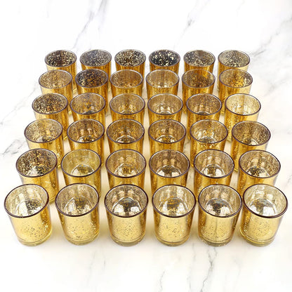 BTGLLAS 36pcs Gold Glass Tea Light Holders - Votive Candle Holders Bulk for Weddings Events - Glass Votives for Wedding Centerpieces, Christmas, Thanksgiving - Candle Accessories Decor (36, Gold)
