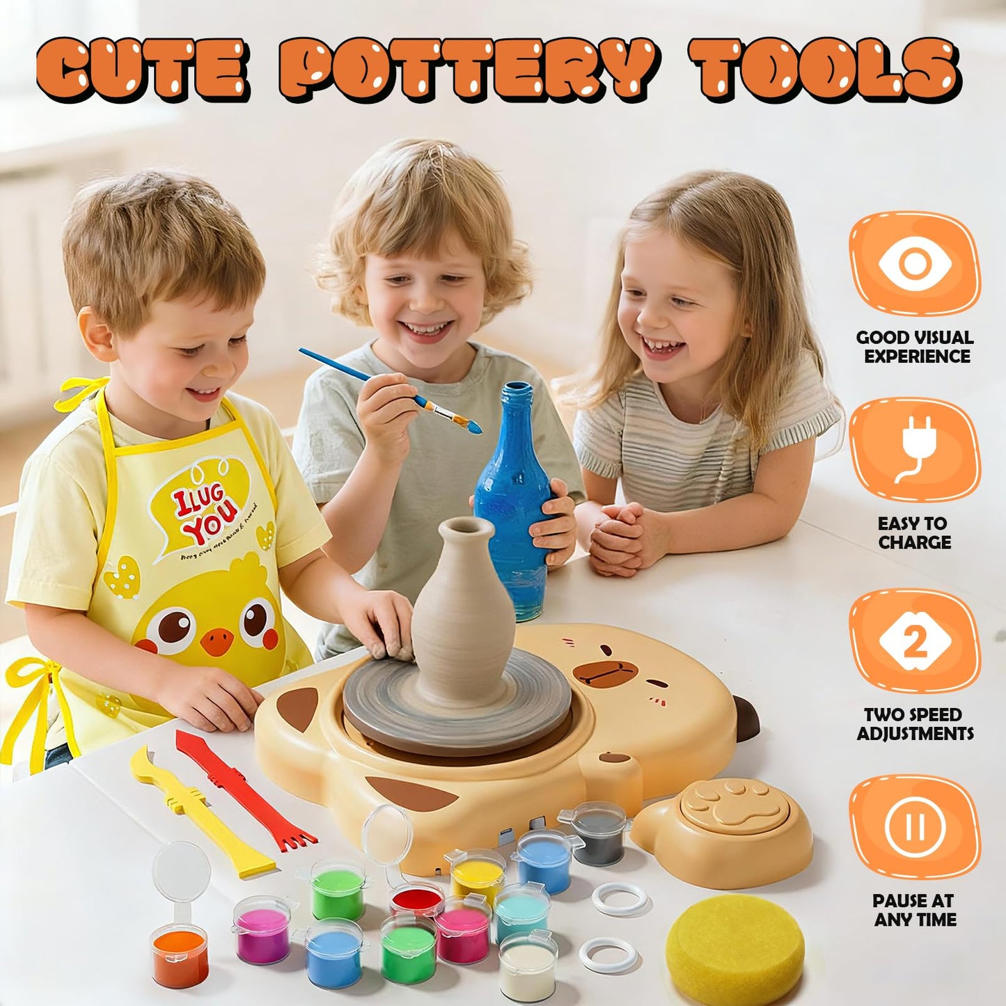 Skirfy Mini Pottery Wheel Machine Kit for Beginners Kids with Light,Electric Ceramic Wheel with Foot Pedal&Painting Kit, Adjustable Speed,Clay Spinner DIY Tools for Art Craft Birthday (Brown)