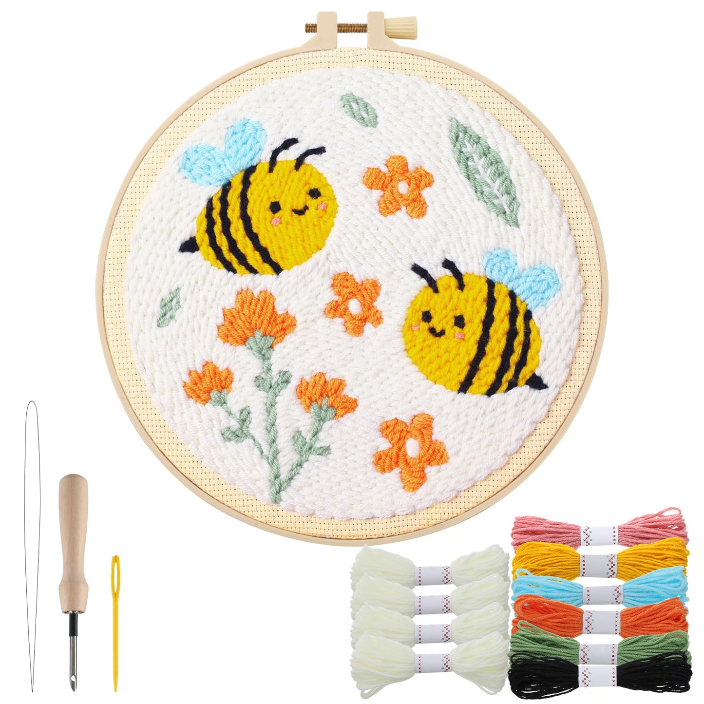 Punch Needle Kit Adults Beginner - Step-by-Step Video & Guide, Includes Hoop/Needle/Yarns/Punch Needle Fabric with Pattern, Spring Embroidery Craft Gifts for Women, Bees