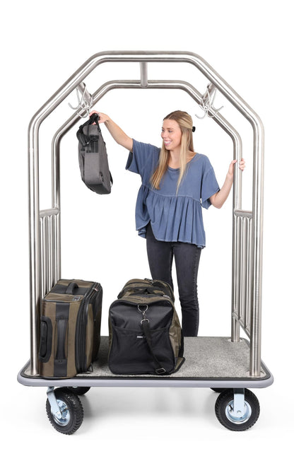 Wholesale Hotel Products Brushed Stainless Steel Luggage Cart –1000lb Capacity–Bellman Cart w/Grey Bumper Guard, Plush Carpet, 2” Welded Steel Frame & 8" Wheels, for 5-Star Hotels (Grand Lux Series)