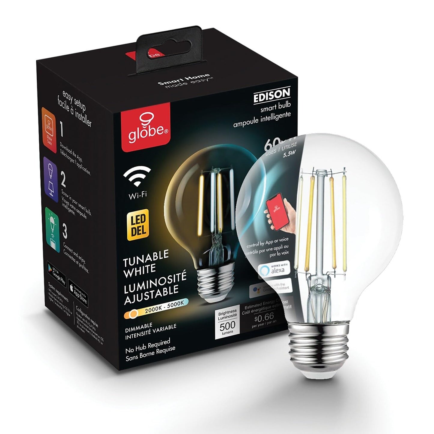 GLOBE Electric 34919 Wi-Fi Smart 5.5W (60W Equivalent) Straight Filament Tunable White Amber Glass LED Light Bulb, No Hub Required, Voice Activated, 2000K - 5000K, Vintage Edison Style, 500 Lumns
