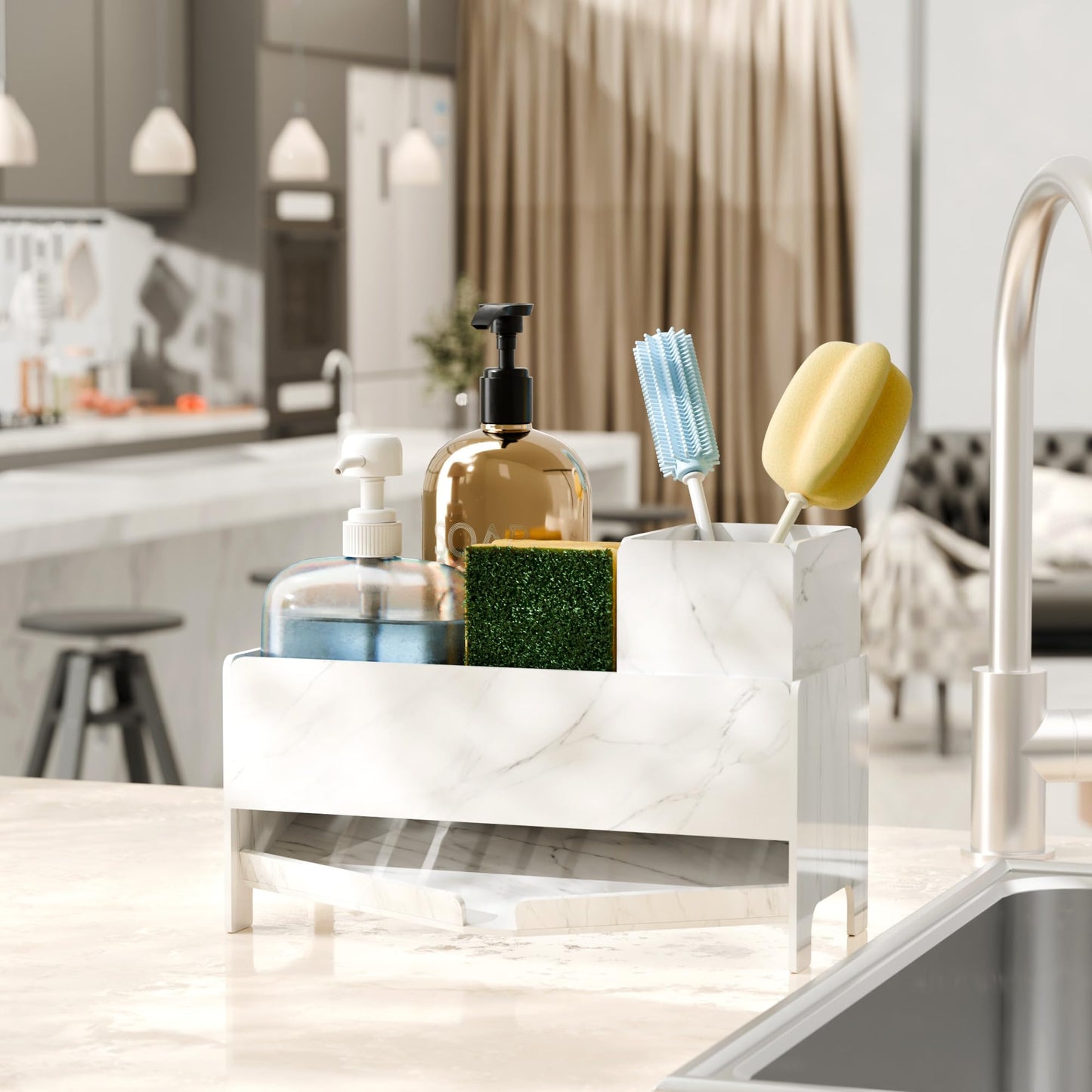 TIDIIABODE Sponge Holder for Kitchen Sink, Acrylic Sink Caddy Organizer with Removable Brush Holder, Countertop Soap Dispenser Organizer with Marble Texture, Kitchen Organizers Storage, White
