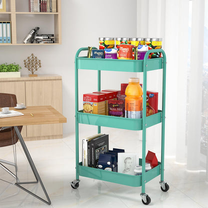 PNVXNUS 3-Tier Rolling Metal Storage Cart with Wheels, Multi-Functional Organizer for Office, Kitchen, Bathroom, Books Diapers - Easy Assembly (Blue)