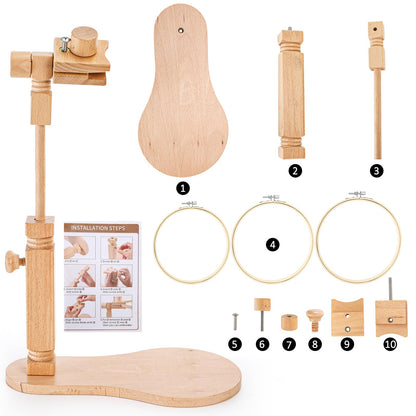 Tosnail Beech Wood Adjustable Rotatable Embroidery Hoop Stand with 3 Hoops, 6 Inch, 7 Inch, 8 Inch, Cross Stitch Frame Holder for Hand Embroidery, Cross Stitch, Needlepoint, Sewing Project