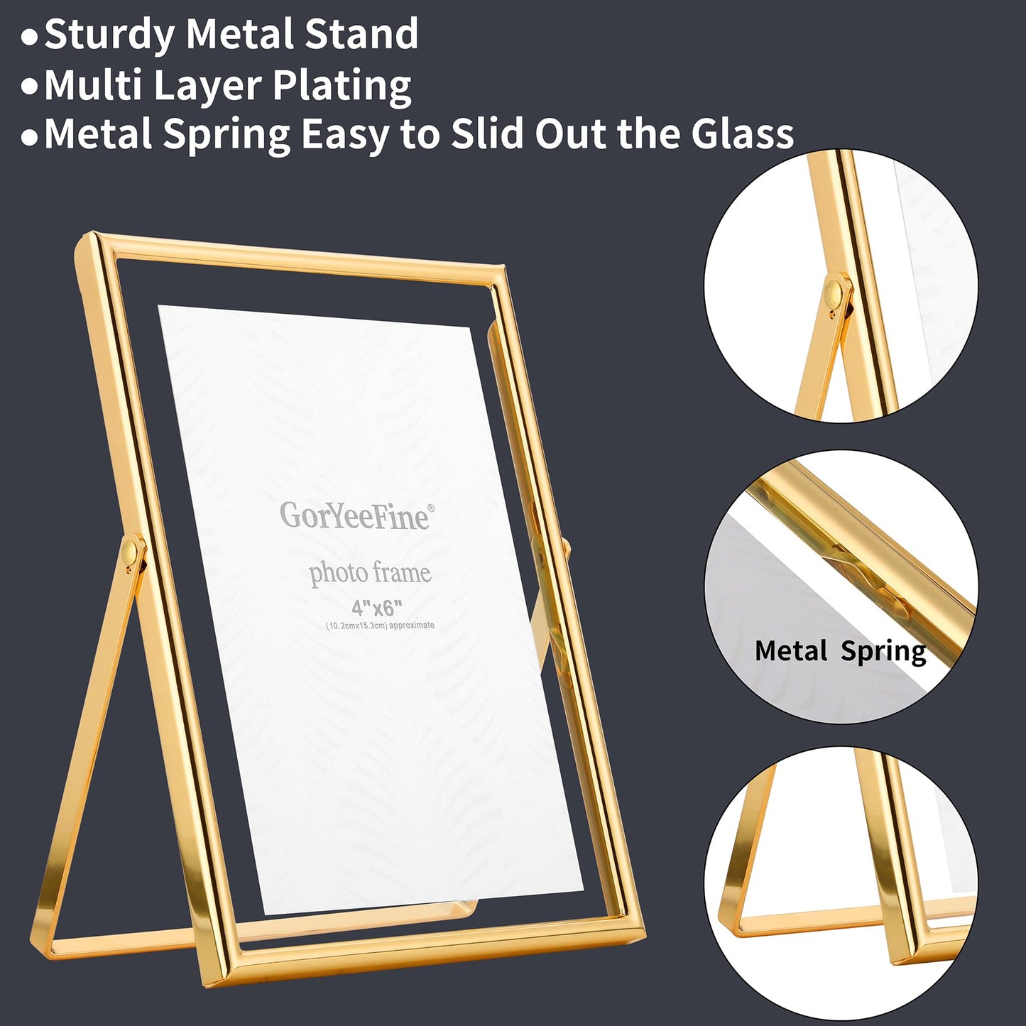 GorYeeFine Gold 6x8 Floating Photo Frame for(4x6'‘&5x7’'),Adjustable Tabletop/Shelf Picture Frames,4x6'' Premium Gift Floating Frame for Wedding,Thanksgiving,Christmas,Birthday,Home or Office Decor